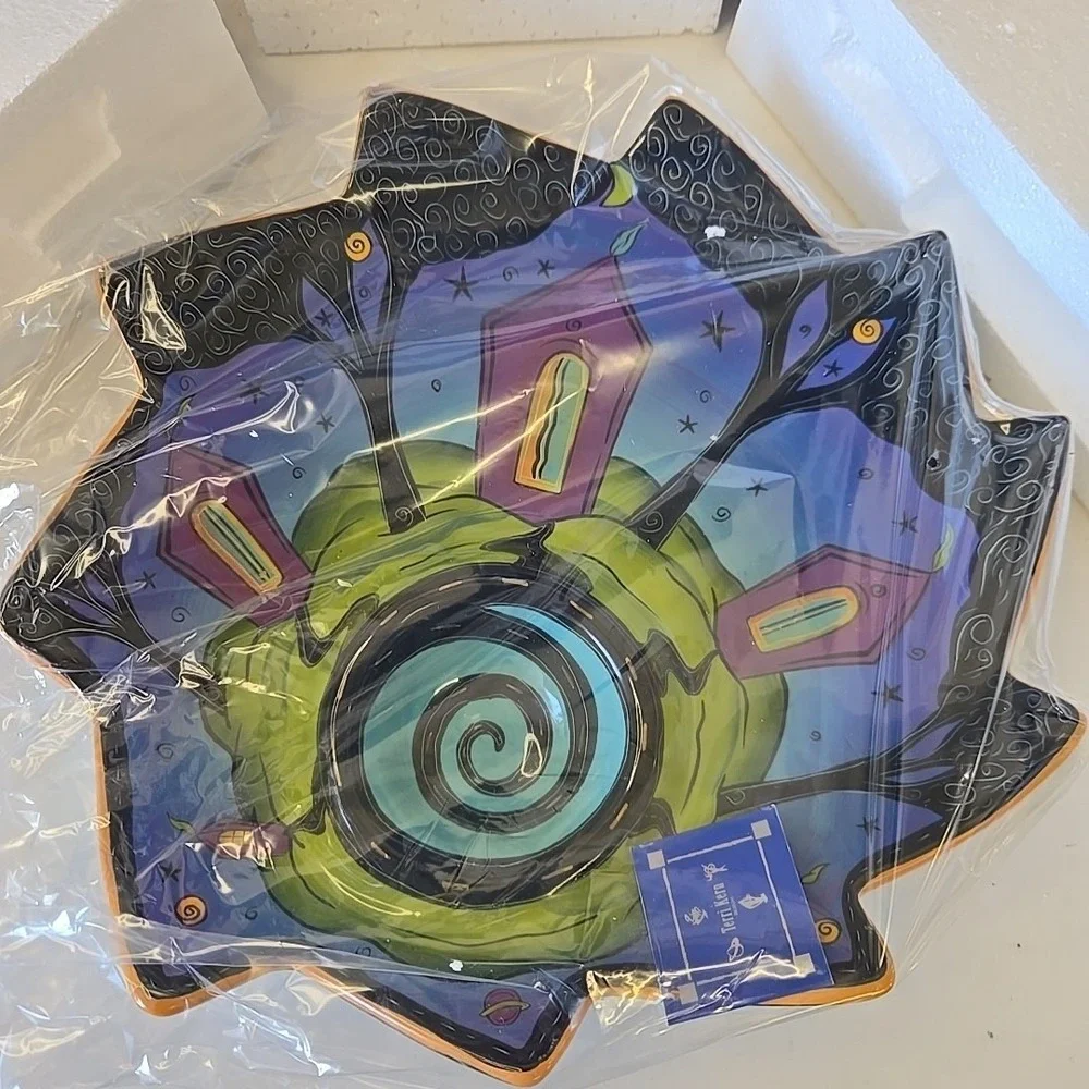 Terri Kern RCS SIGNEDAbstract Round Starry‎ Night Dip Candy Bowl Haunted House